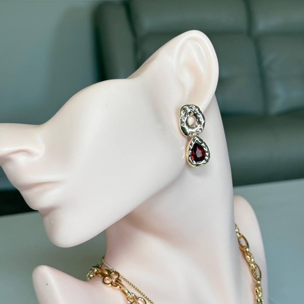 Gold-Tone Drop Earrings with Red Gemstone